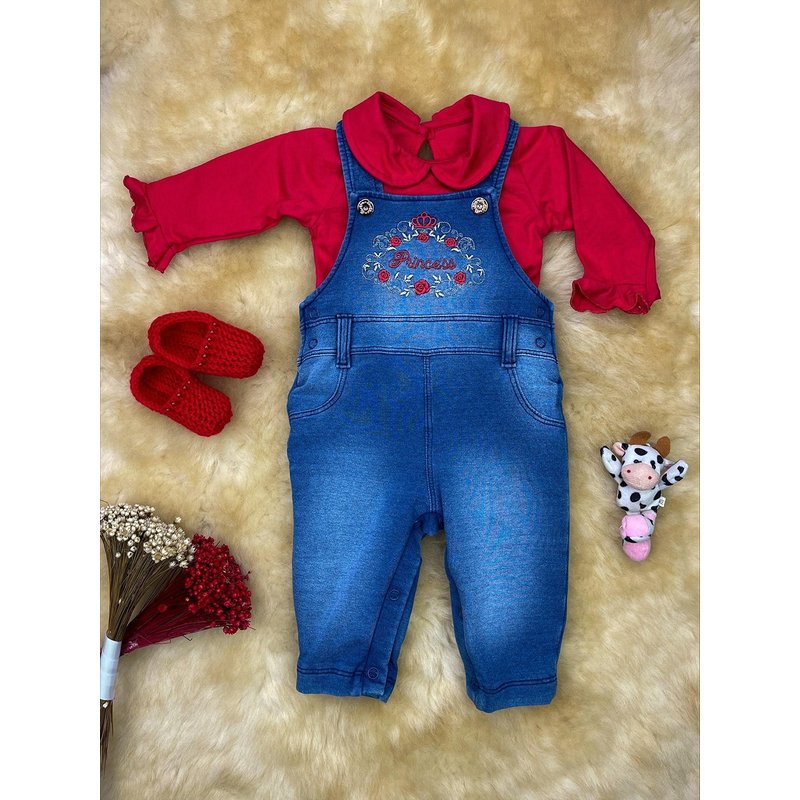 Macacão Jardineira Bebê Menina Jeans Vermelho Paraíso